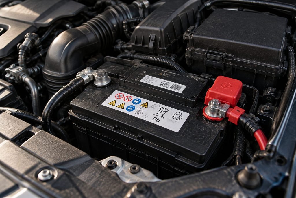 Batería de coche de 12 V con los bornes visibles