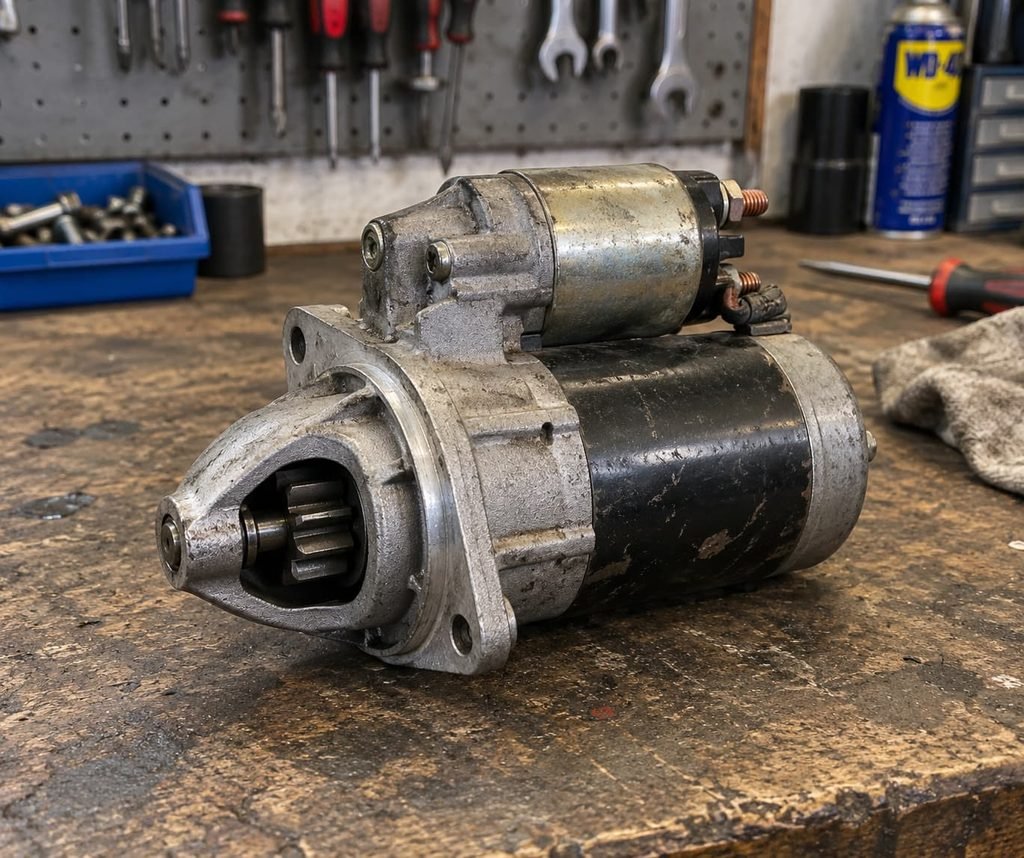 Motor de arranque desmontado encima de mesa de trabajo