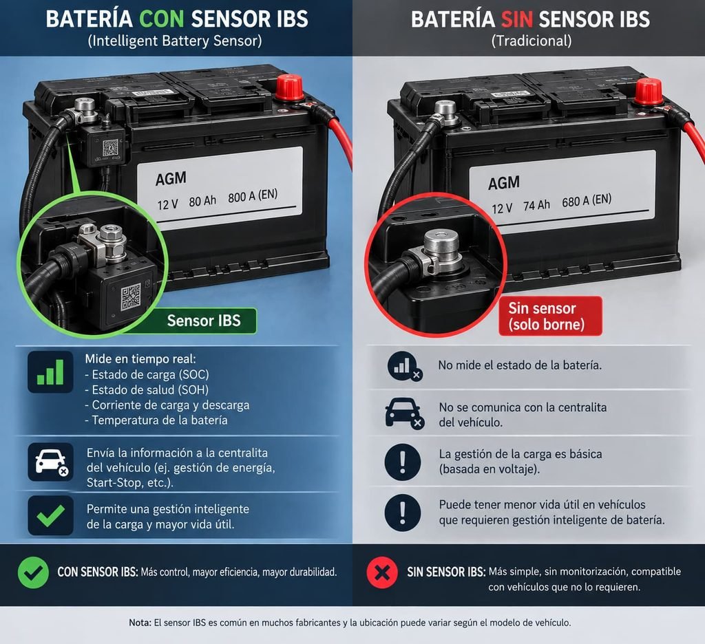 Comparativa de una batería de coche con sensor IBS en el borne negativo y otra sin sensor, solo con borne