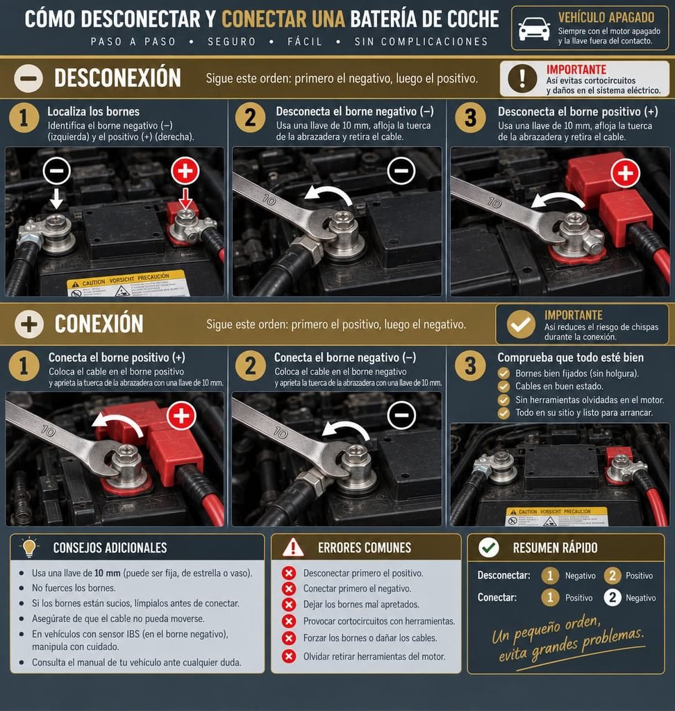 Infografía para cambiar la batería del coche: al desconectar, primero el negativo y luego el positivo; al conectar, al revés